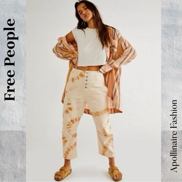 Free People Osaka Tie Dye Straight Leg Jeans Ivory Tan Combo Size 28 NWT - Picture 3 of 8